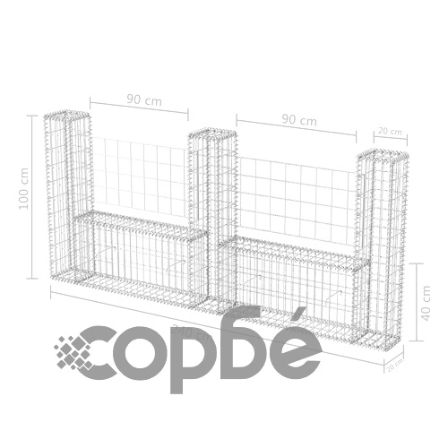 Габион кошница, U-форма, поцинкована стомана, 240x20x100 cм ➤ топ цена ➤ sorbe.bg