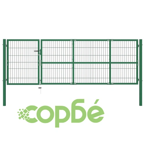 Градинска оградна порта със стълбове 350x100 см стомана зелена ➤ топ цена ➤ sorbe.bg
