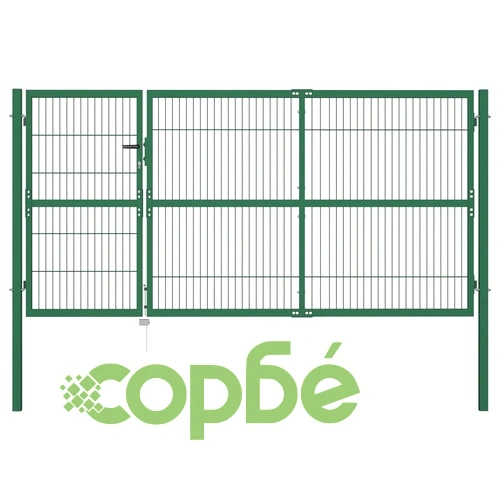 Градинска оградна порта със стълбове 350x140 см стомана зелена ➤ топ цена ➤ sorbe.bg