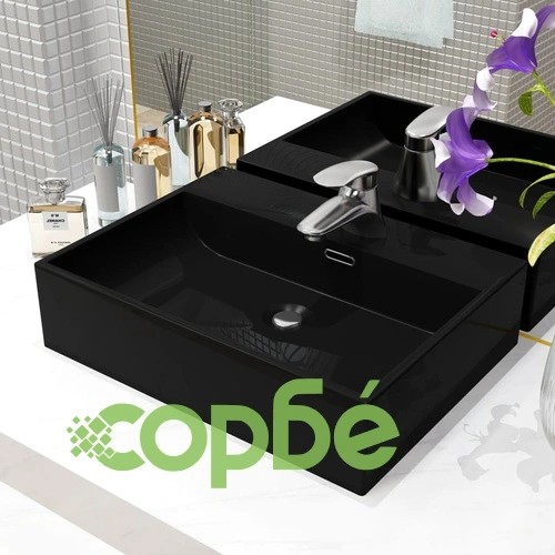 Мивка с отвор за кран, керамична, черна, 51,5x38,5x15 см ➤ топ цена ➤ sorbe.bg