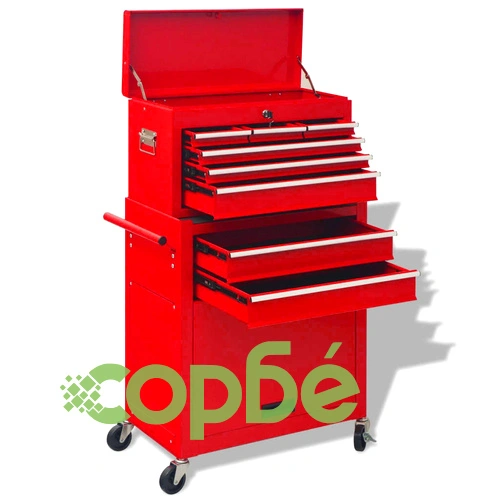 Количка за инструменти с кутия и 6 чекмеджета, стомана, червена ➤ топ цена ➤ sorbe.bg