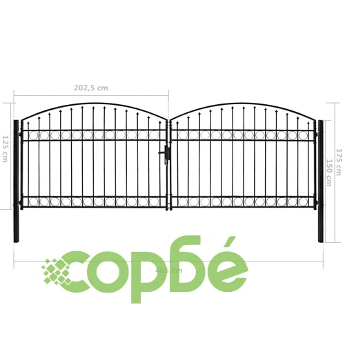 Оградна порта с две врати арковидна стомана 400x125 см черна ➤ топ цена ➤ sorbe.bg
