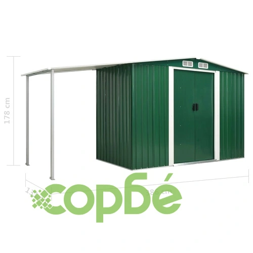 Градинска барака с плъзгащи врати зелена 386x131x178 см стомана ➤ топ цена ➤ sorbe.bg