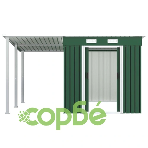 Дворна барака с разтегаем покрив зелена 336x270x181 см стомана ➤ топ цена ➤ sorbe.bg