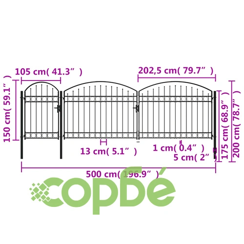 Градинска порта с арковидна горна част стомана 2х5 м черна ➤ топ цена ➤ sorbe.bg