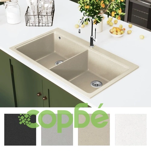 Гранитна кухненска мивка с две корита, бежова ➤ топ цена ➤ sorbe.bg