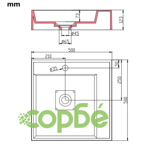 Мивка, 50x50x12 см, минерална/мраморна отливка, бяла ➤ топ цена ➤ sorbe.bg