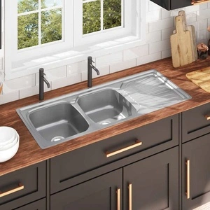 Кухненска мивка двойно корито цедка и сифон неръждаема стомана