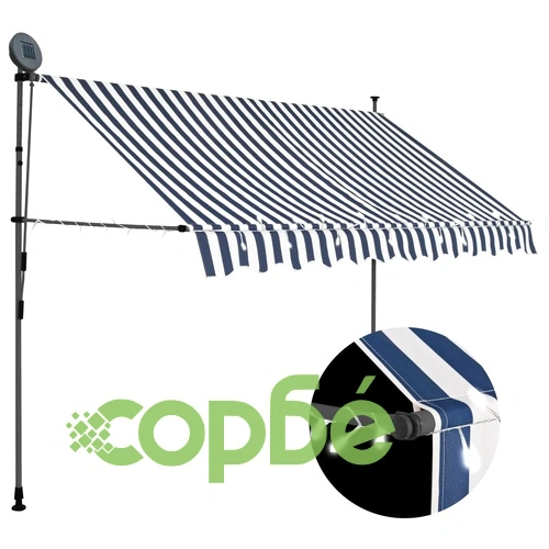Ръчно прибиращ се сенник с LED, 300 см, синьо и бяло ➤ топ цена ➤ sorbe.bg