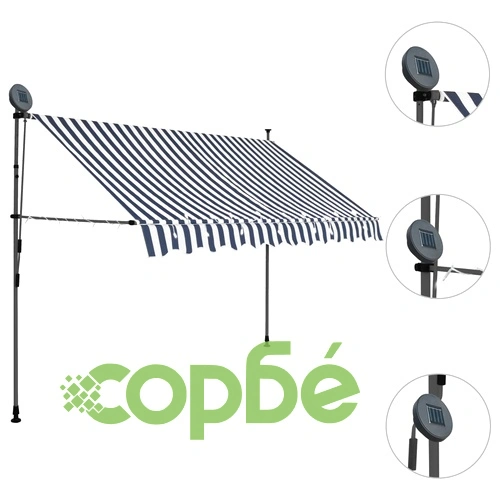 Ръчно прибиращ се сенник с LED, 300 см, синьо и бяло ➤ топ цена ➤ sorbe.bg