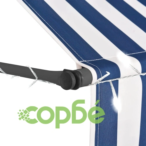 Ръчно прибиращ се сенник с LED, 300 см, синьо и бяло ➤ топ цена ➤ sorbe.bg