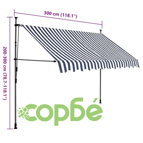 Ръчно прибиращ се сенник с LED, 300 см, синьо и бяло ➤ топ цена ➤ sorbe.bg