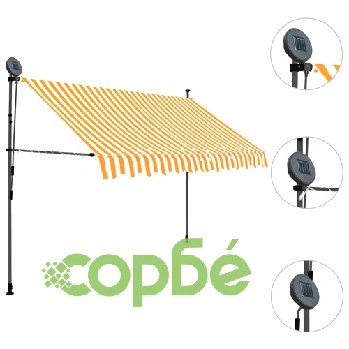 Ръчно прибиращ се сенник с LED, 250 см, бяло и оранжево ➤ топ цена ➤ sorbe.bg