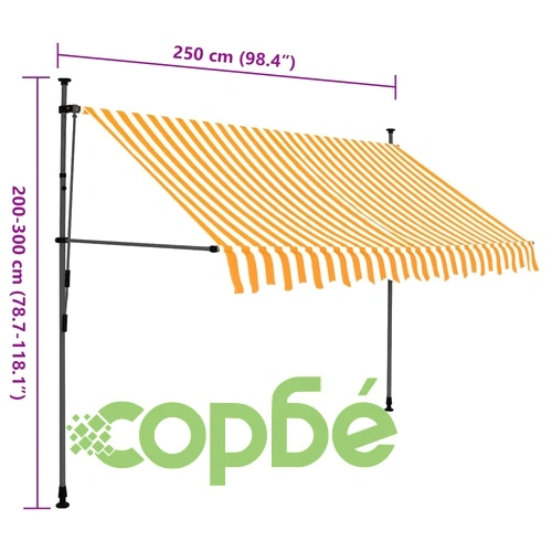 Ръчно прибиращ се сенник с LED, 250 см, бяло и оранжево ➤ топ цена ➤ sorbe.bg
