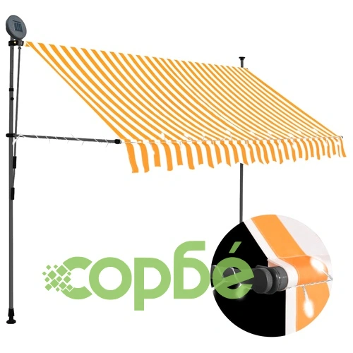 Ръчно прибиращ се сенник с LED, 300 см, бяло и оранжево ➤ топ цена ➤ sorbe.bg