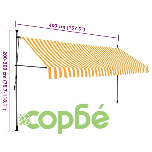 Ръчно прибиращ се сенник с LED, 400 см, бяло и оранжево ➤ топ цена ➤ sorbe.bg