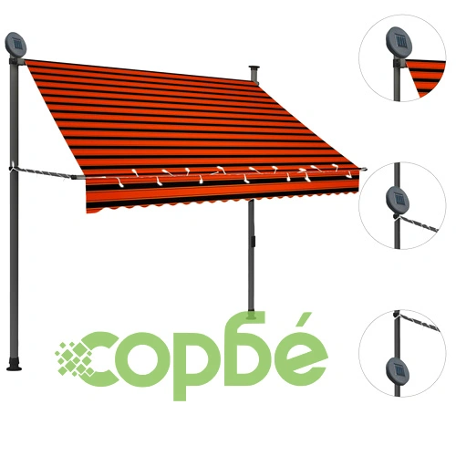 Ръчно прибиращ се сенник с LED, 200 см, оранжево и кафяво ➤ топ цена ➤ sorbe.bg