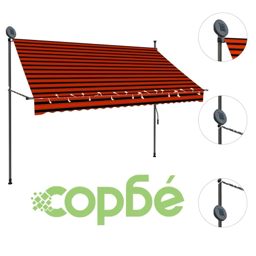 Ръчно прибиращ се сенник с LED, 250 см, оранжево и кафяво ➤ топ цена ➤ sorbe.bg
