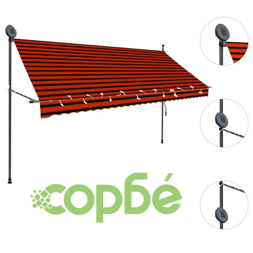 Ръчно прибиращ се сенник с LED, 300 см, оранжево и кафяво ➤ топ цена ➤ sorbe.bg