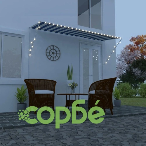 Сенник с падащо рамо с LED, 350х150 см, синьо и бяло ➤ топ цена ➤ sorbe.bg