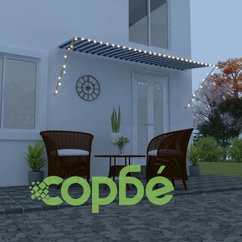 Сенник с падащо рамо с LED, 400x150 см, синьо и бяло ➤ топ цена ➤ sorbe.bg