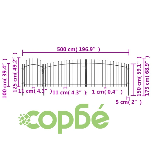 Градинска оградна порта с пики, 5x1,75 м, черна ➤ топ цена ➤ sorbe.bg
