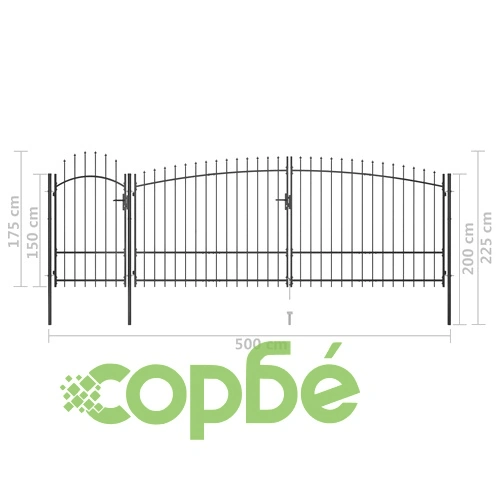 Градинска оградна порта с пики, 5x2,25 м, черна ➤ топ цена ➤ sorbe.bg
