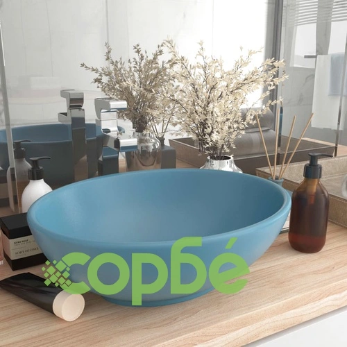 Луксозна овална мивка, матово светлосиня, 40x33 см, керамика ➤ топ цена ➤ sorbe.bg