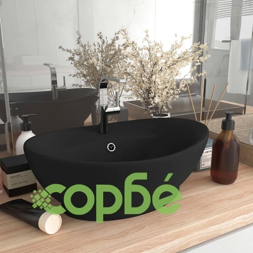 Мивка с преливник лукс овал черен мат 58,5x39 см керамика ➤ топ цена ➤ sorbe.bg