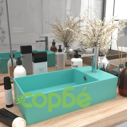 Мивка за баня с преливник, керамична, светлозелена ➤ топ цена ➤ sorbe.bg