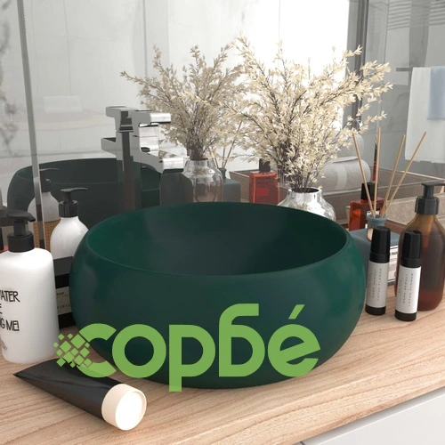 Луксозна кръгла мивка, матово тъмнозелена, 40x15 см, керамика ➤ топ цена ➤ sorbe.bg