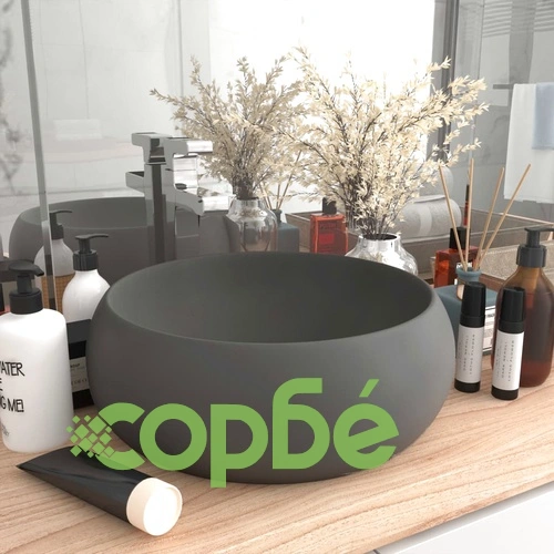 Луксозна кръгла мивка, матово тъмносива, 40x15 см, керамика ➤ топ цена ➤ sorbe.bg