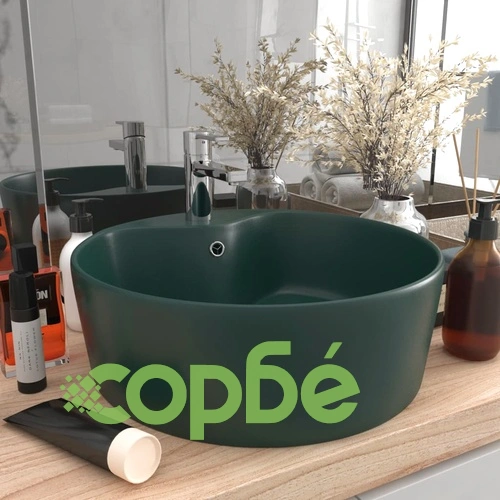 Луксозна мивка с преливник тъмнозелен мат 36x13 см керамика ➤ топ цена ➤ sorbe.bg