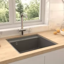 Кухненска мивка с преливник, сива, гранит
