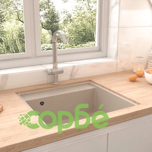 Кухненска мивка с преливник, бежова, гранит ➤ топ цена ➤ sorbe.bg