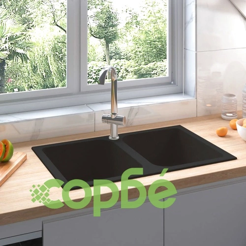 Кухненска мивка с преливник, двойно корито, черна, гранит ➤ топ цена ➤ sorbe.bg
