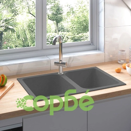 Кухненска мивка с преливник, двойно корито, сива, гранит ➤ топ цена ➤ sorbe.bg