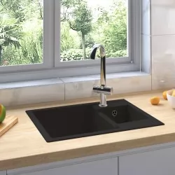 Кухненска мивка с преливник, двойно корито, черна, гранит