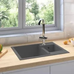 Кухненска мивка с преливник, двойно корито, сива, гранит