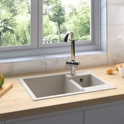 Кухненска мивка с преливник, двойно корито, бежова, гранит