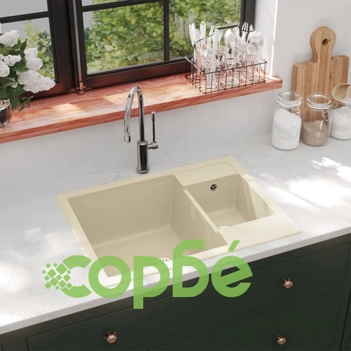 Кухненска мивка с преливник, двойно корито, бежова, гранит ➤ топ цена ➤ sorbe.bg