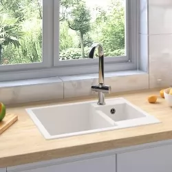 Кухненска мивка с преливник, двойно корито, бяла, гранит