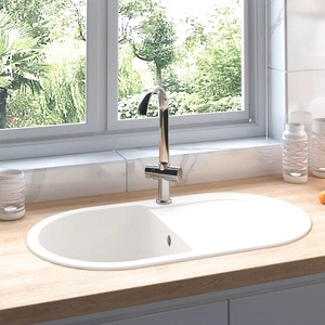 Кухненска мивка с преливник, овал, бяла, гранит