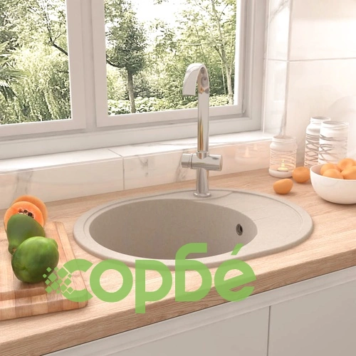 Кухненска мивка с преливник, овал, бежова, гранит ➤ топ цена ➤ sorbe.bg