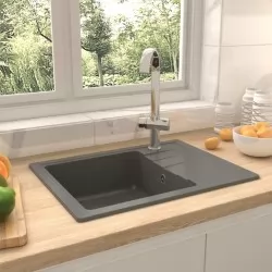 Кухненска мивка с преливник, овал, сива, гранит