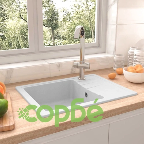 Кухненска мивка с преливник, овал, бяла, гранит ➤ топ цена ➤ sorbe.bg