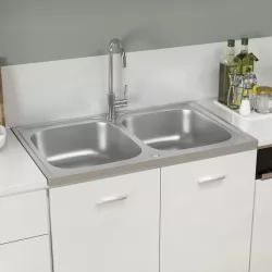 Кухненска мивка с две корита, сребриста, 800x500x155 мм, инокс