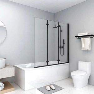 Сгъваем душ параван, 3 панела, ESG стъкло, 130x138 см, черен