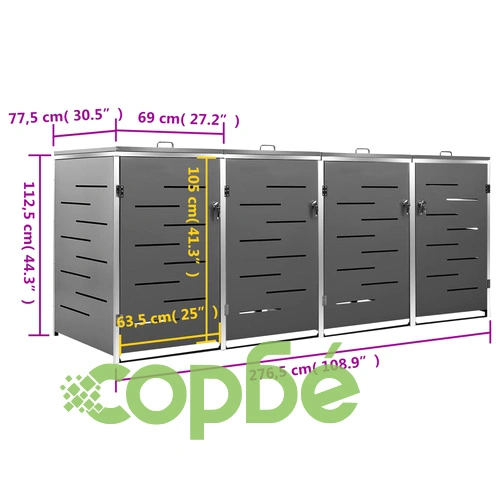 Четворен навес за кофа за смет 276,5x77,5x112,5 см инокс на топ цена от sorbe.bg Четворен навес за кофа за смет 276,5x77,5x112,5 см инокс ➤ топ цена ➤ sorbe.bg
