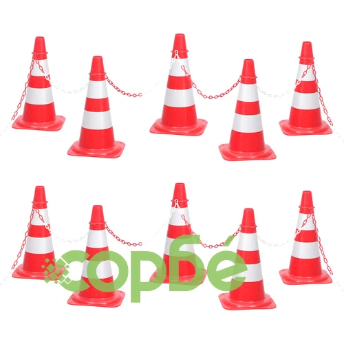 Комплект сигнални конуси с 10 м верига, червено и бяло ➤ топ цена ➤ sorbe.bg